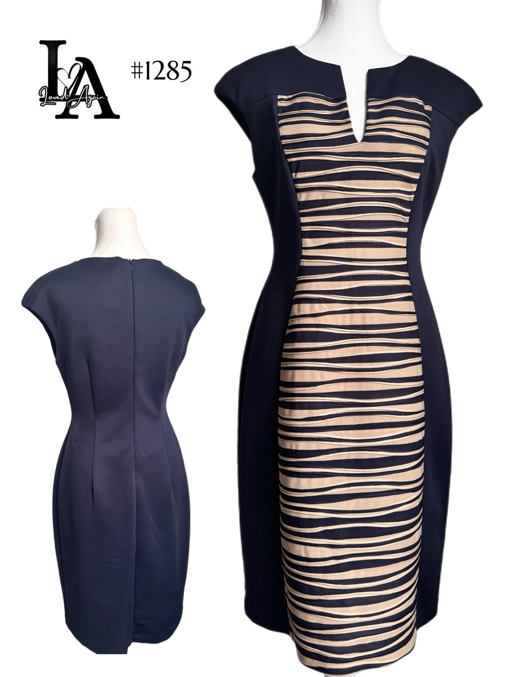 Connected Navy and Beige Striped Sheath Dress